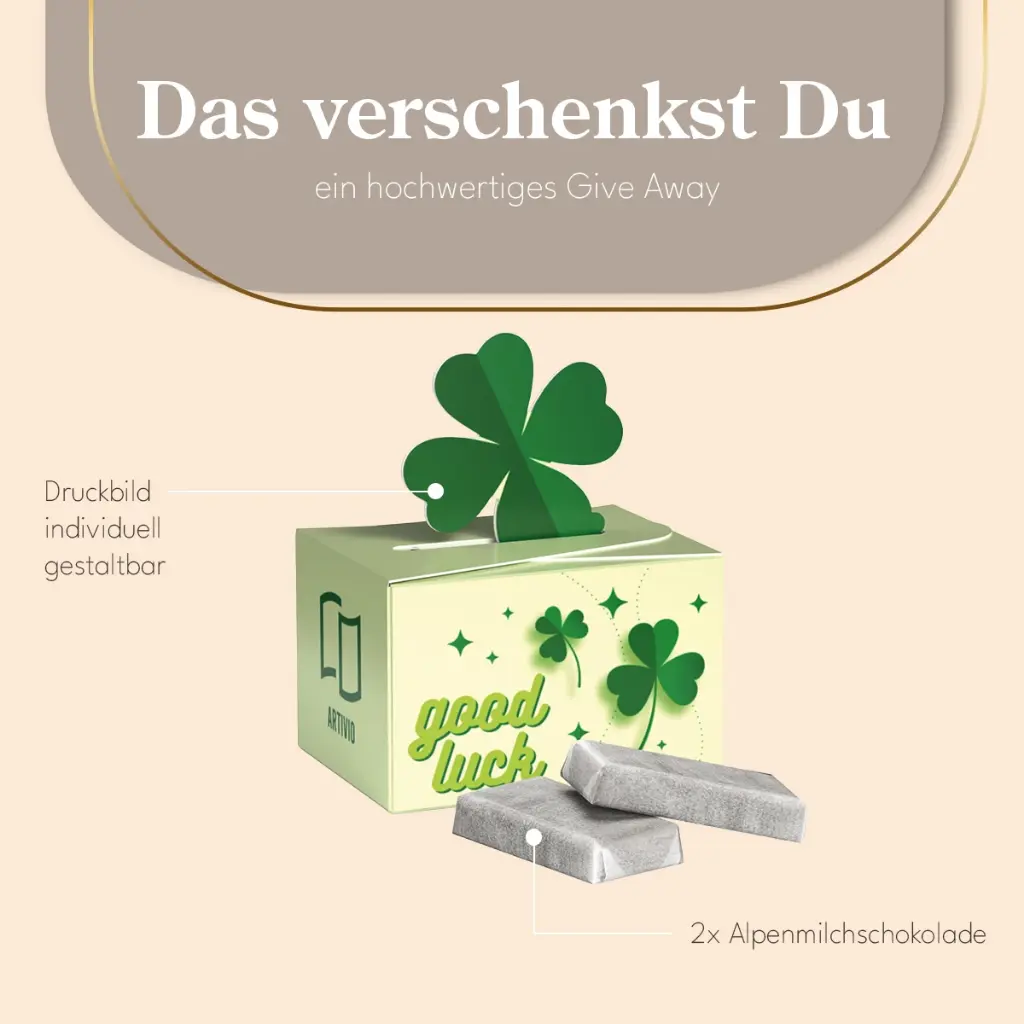 Geschenkbox Mini Kleeblatt, Alpenmilch Schokotäfelchen