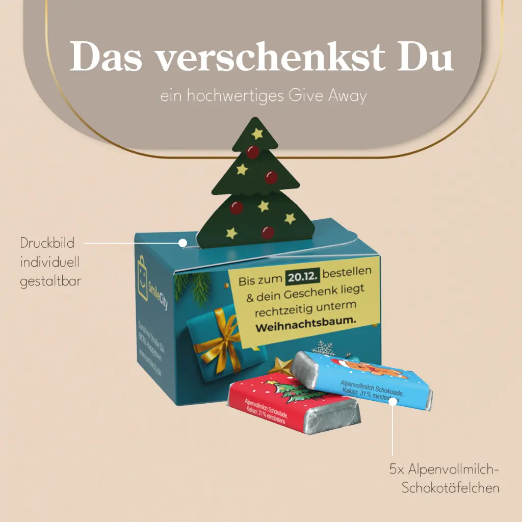 Geschenkbox Mini Tanne, Alpenmilch Schokotäfelchen 