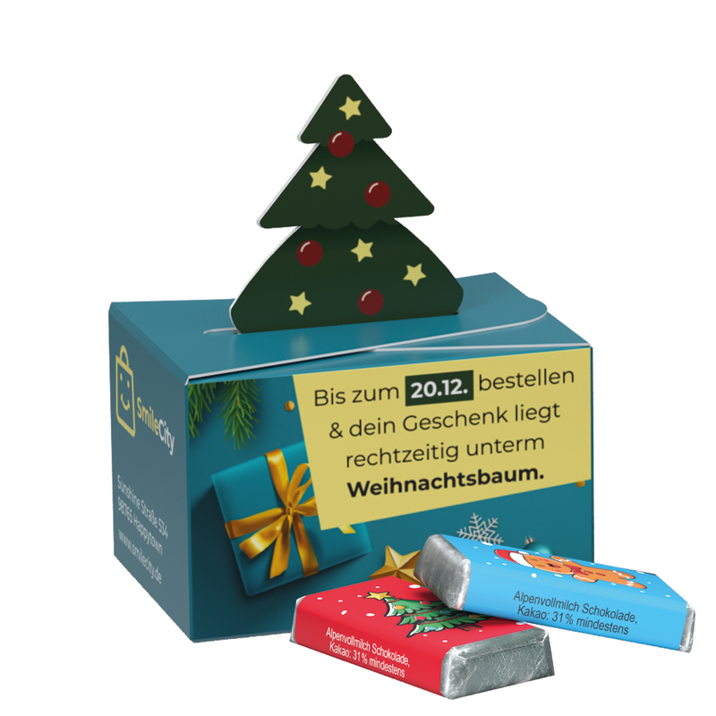 Geschenkbox Mini Tanne, Alpenmilch Schokotäfelchen 