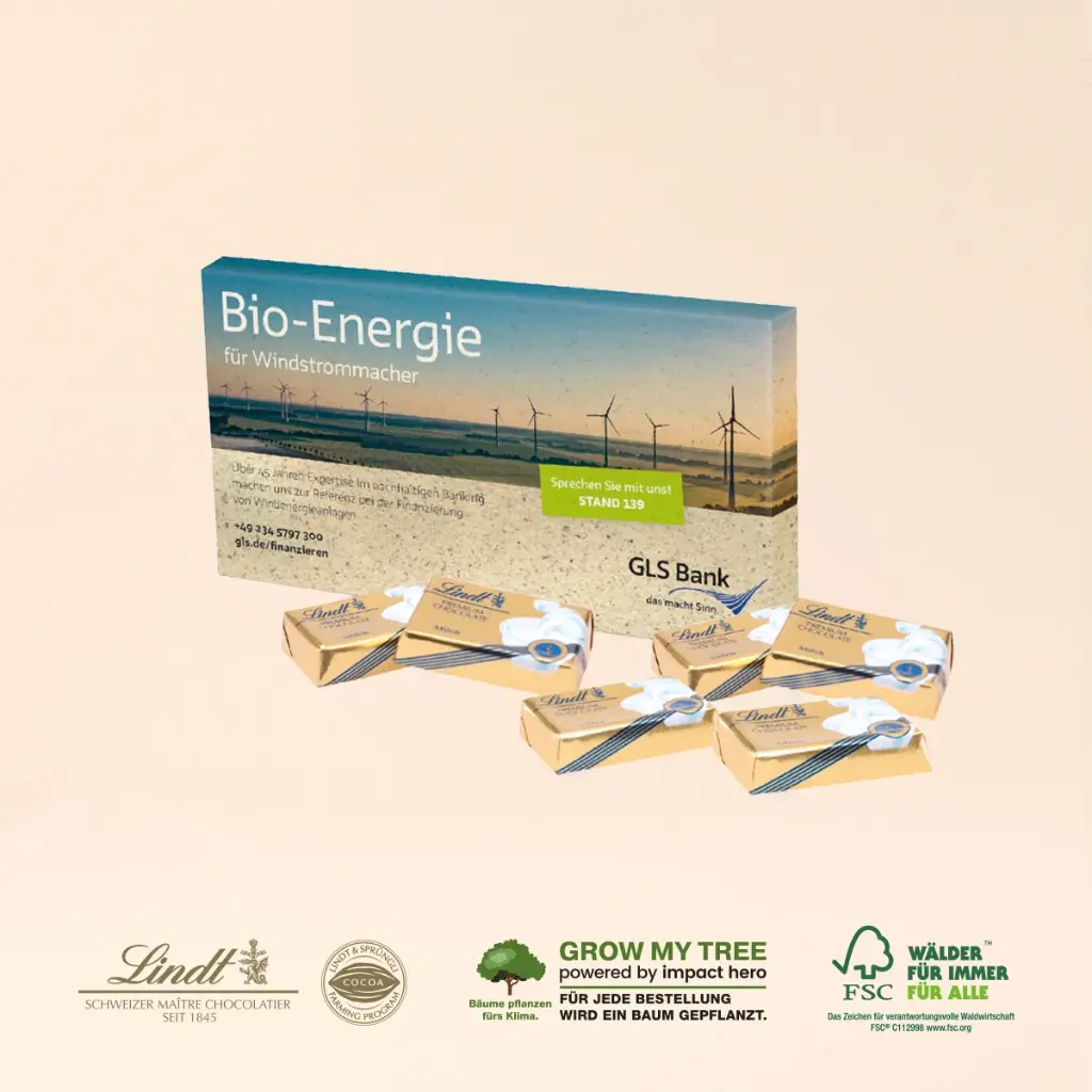 Präsentbox mit Lindt Schokotäfelchen, Graspapier