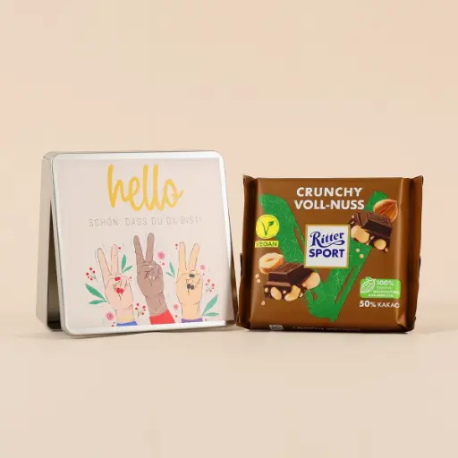 [WP13216] Geschenkdose "Willkommen Hello - Peace" - Ritter Sport Vegan