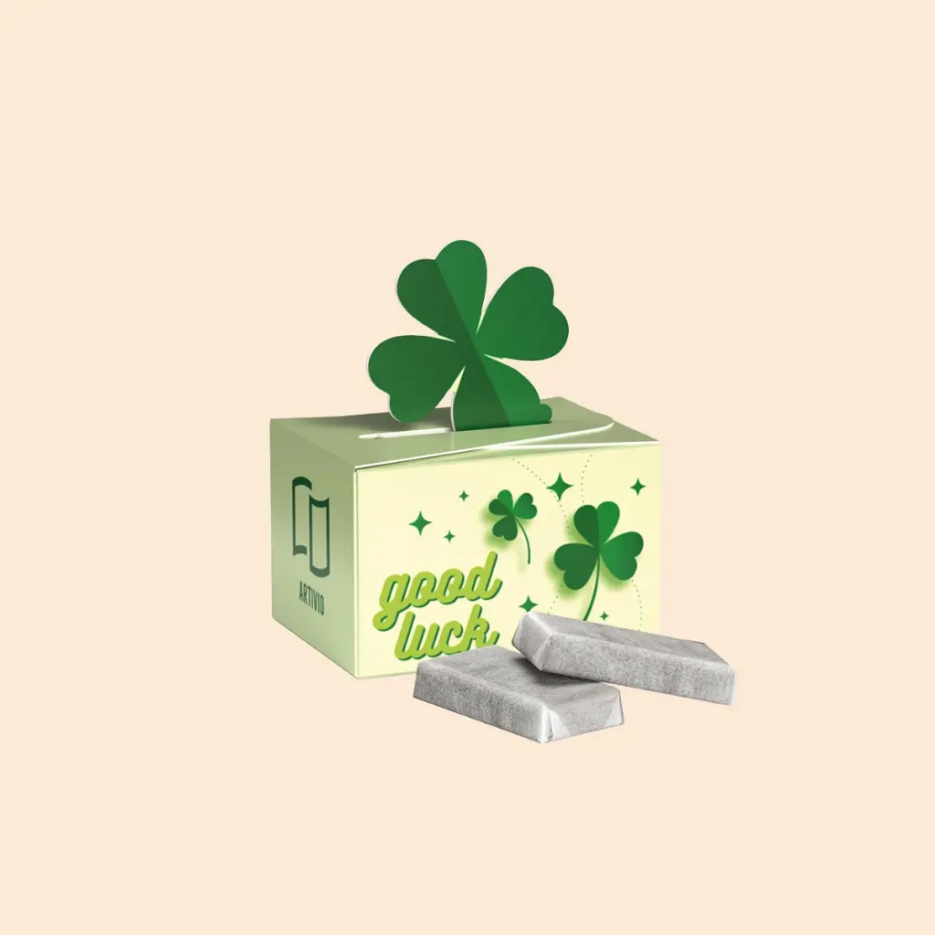 Geschenkbox Mini Kleeblatt, Alpenmilch Schokotäfelchen