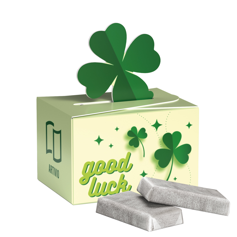 Geschenkbox Mini Kleeblatt, Alpenmilch Schokotäfelchen